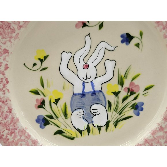 Vintage Happy Bunny Plate Garden White Rabbit Pink Spongeware Handmade Patton - Picture 2 of 8